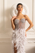 Süslemeli Payetli Straplez Midi Elbise