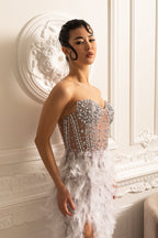 Süslemeli Payetli Straplez Midi Elbise