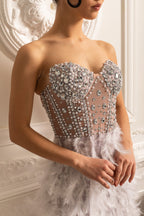 Süslemeli Payetli Straplez Midi Elbise