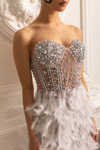 Süslemeli Payetli Straplez Midi Elbise