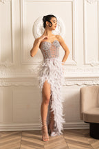 Süslemeli Payetli Straplez Midi Elbise