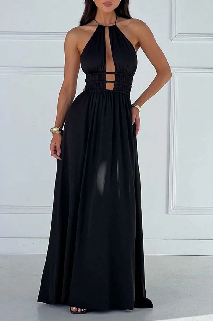 Halter Yaka, Pencere Detaylı, Kolsuz Maxi Elbise