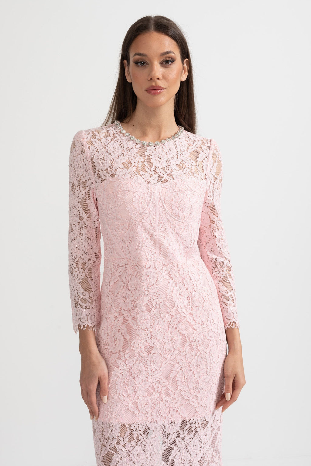 Kemerli  Dantel Midi Elbise