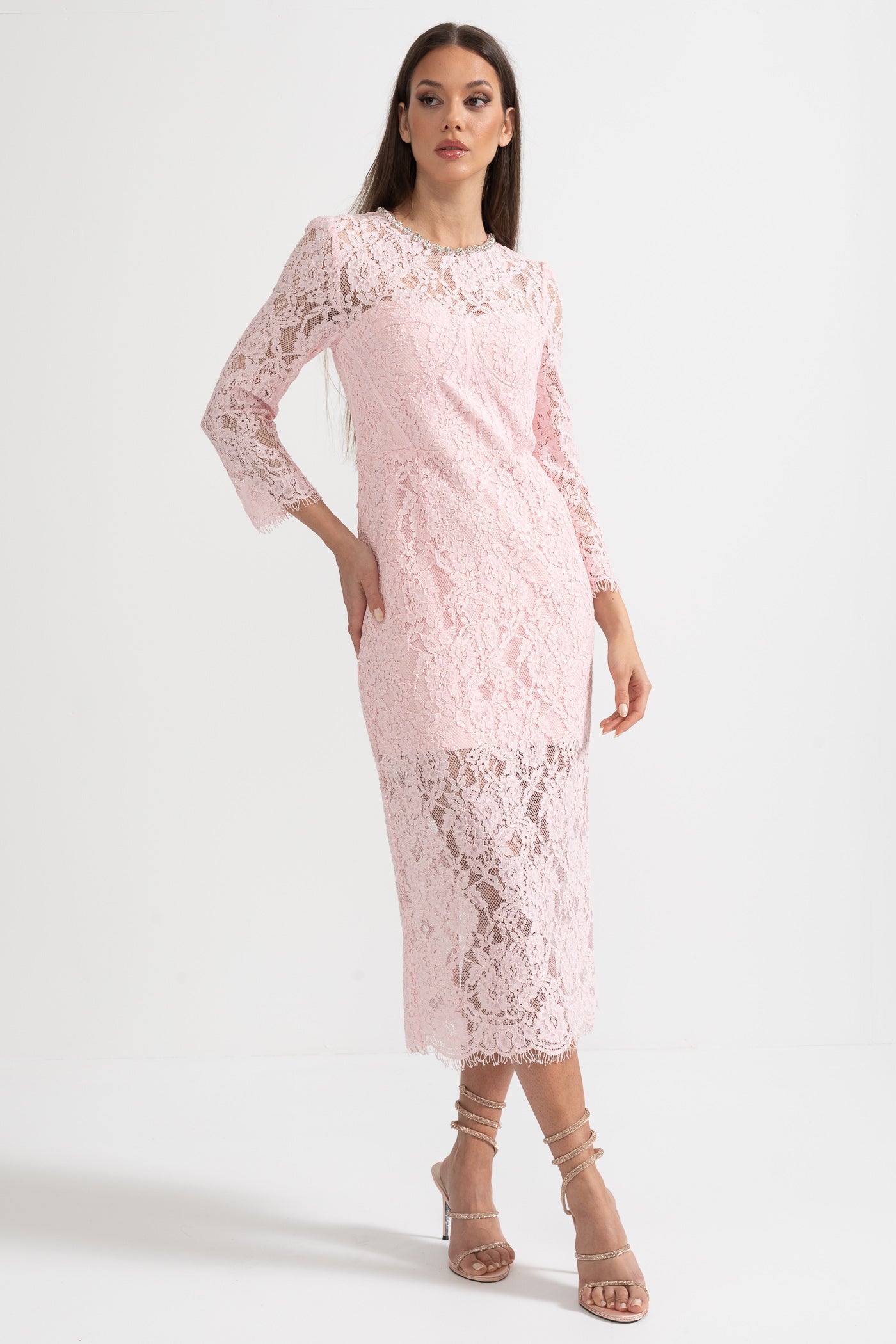 Kemerli  Dantel Midi Elbise