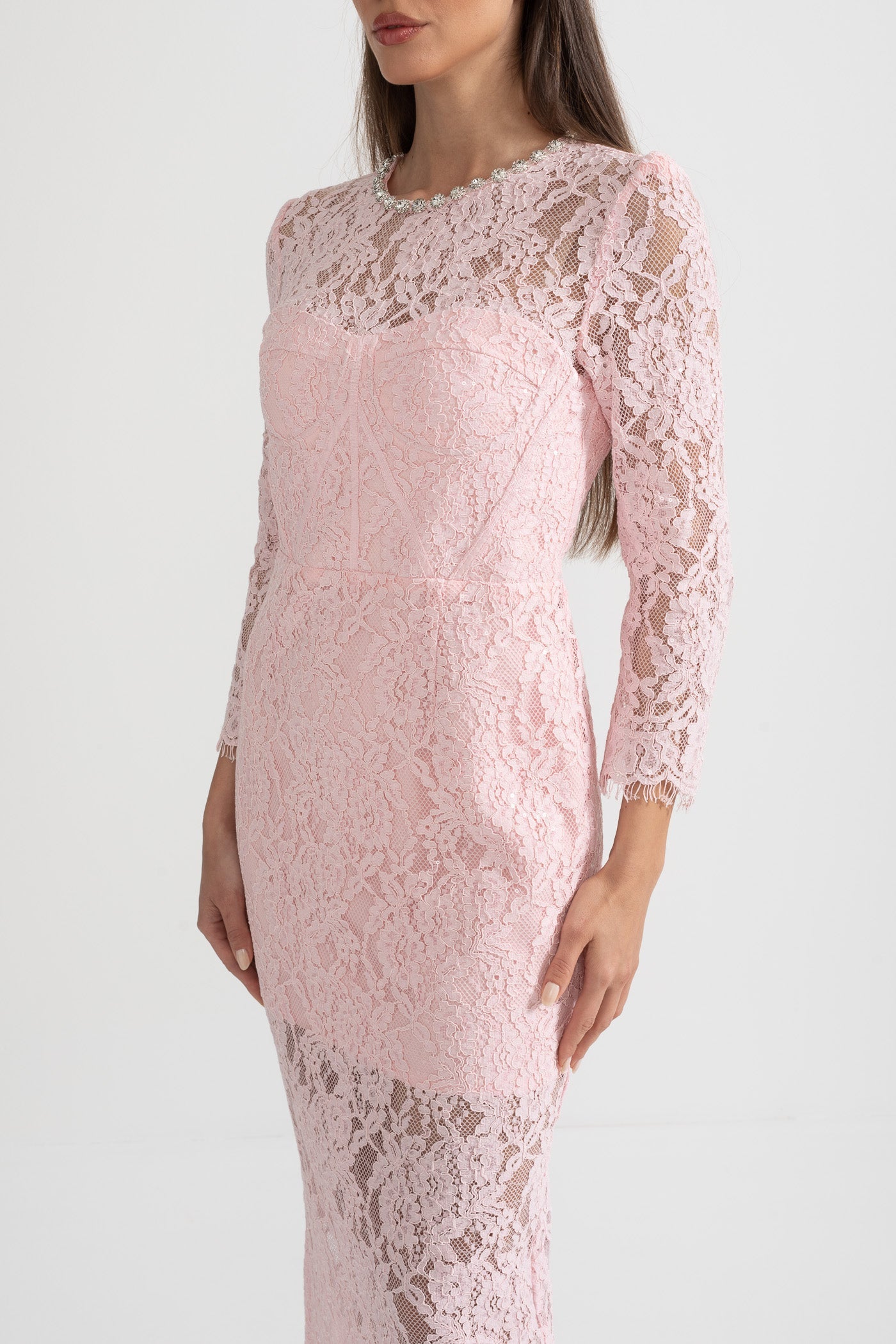 Kemerli  Dantel Midi Elbise