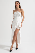 Kristal Süslemeli Midi Elbise