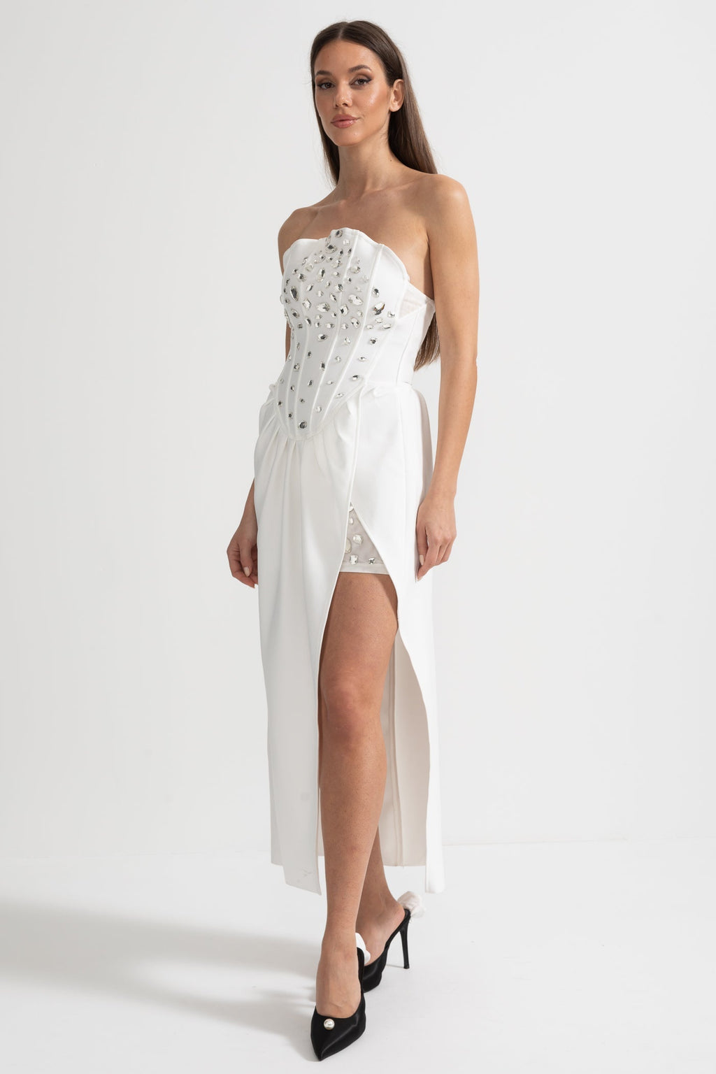 Kristal Süslemeli Midi Elbise