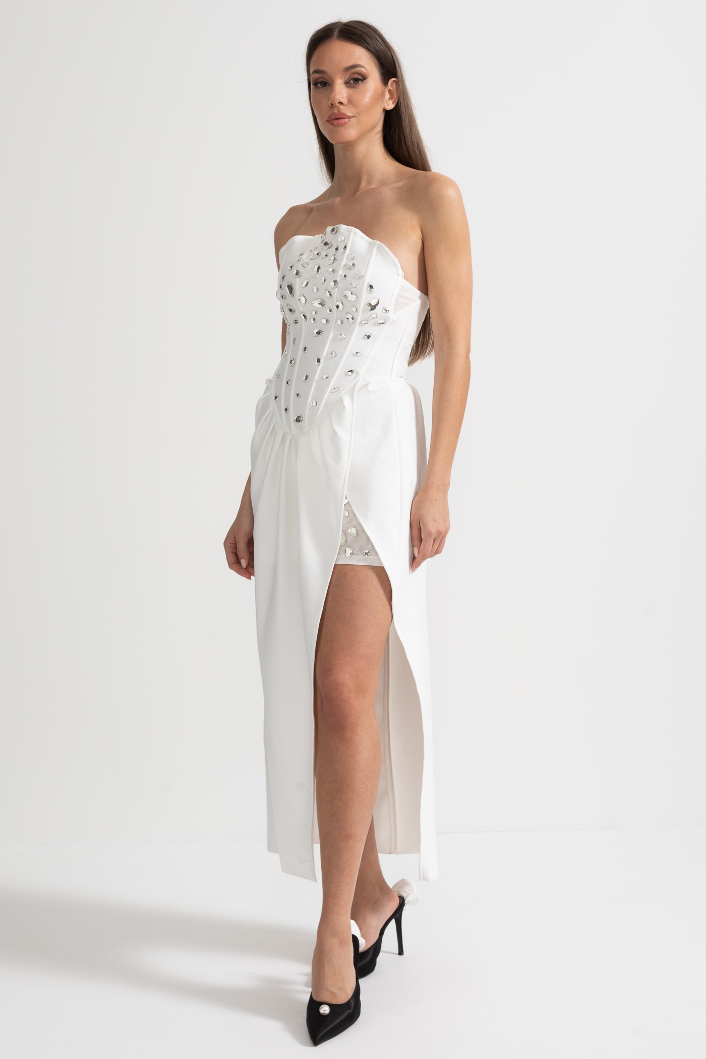 Kristal Süslemeli Midi Elbise