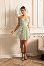 Dantel Çiçek Desenli Mini Elbise