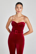 Kırmızı Kadife Tulum Elbise