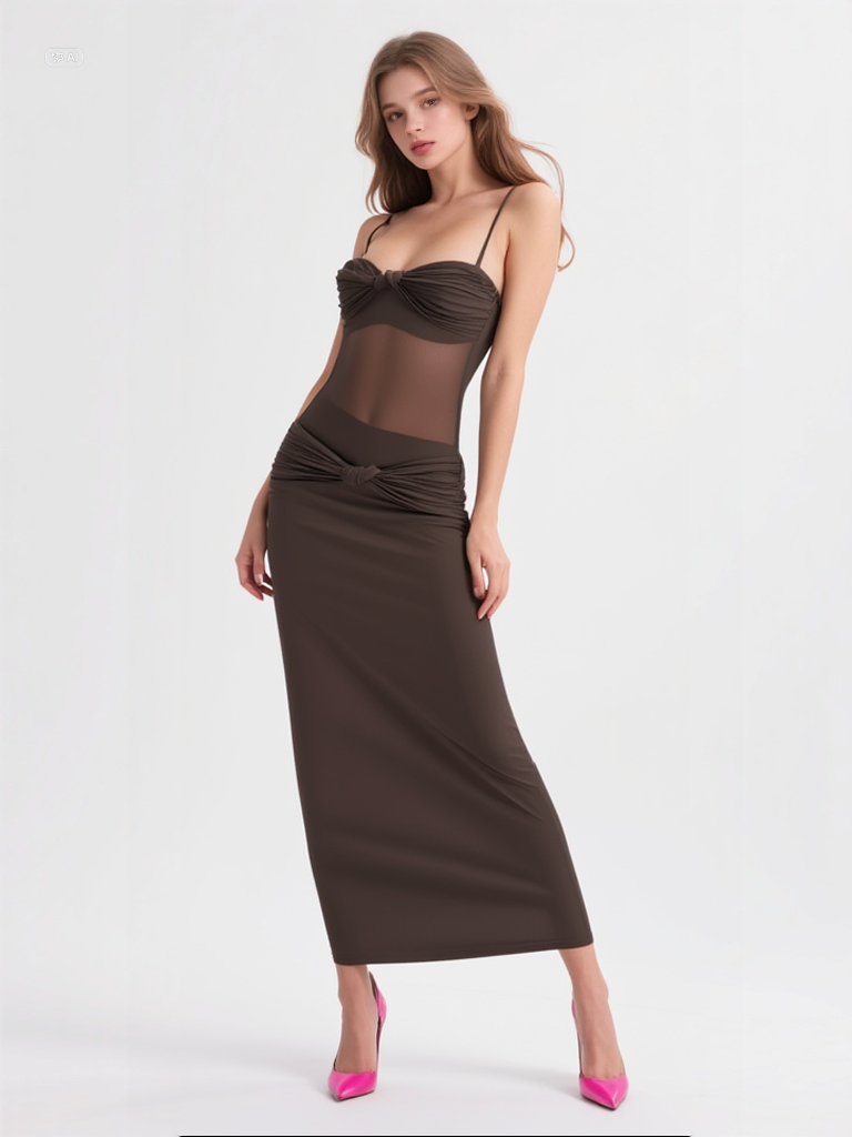 Fırfırlı Göğüs Detaylı Mesh Dokulu Bağlamalı Elbise