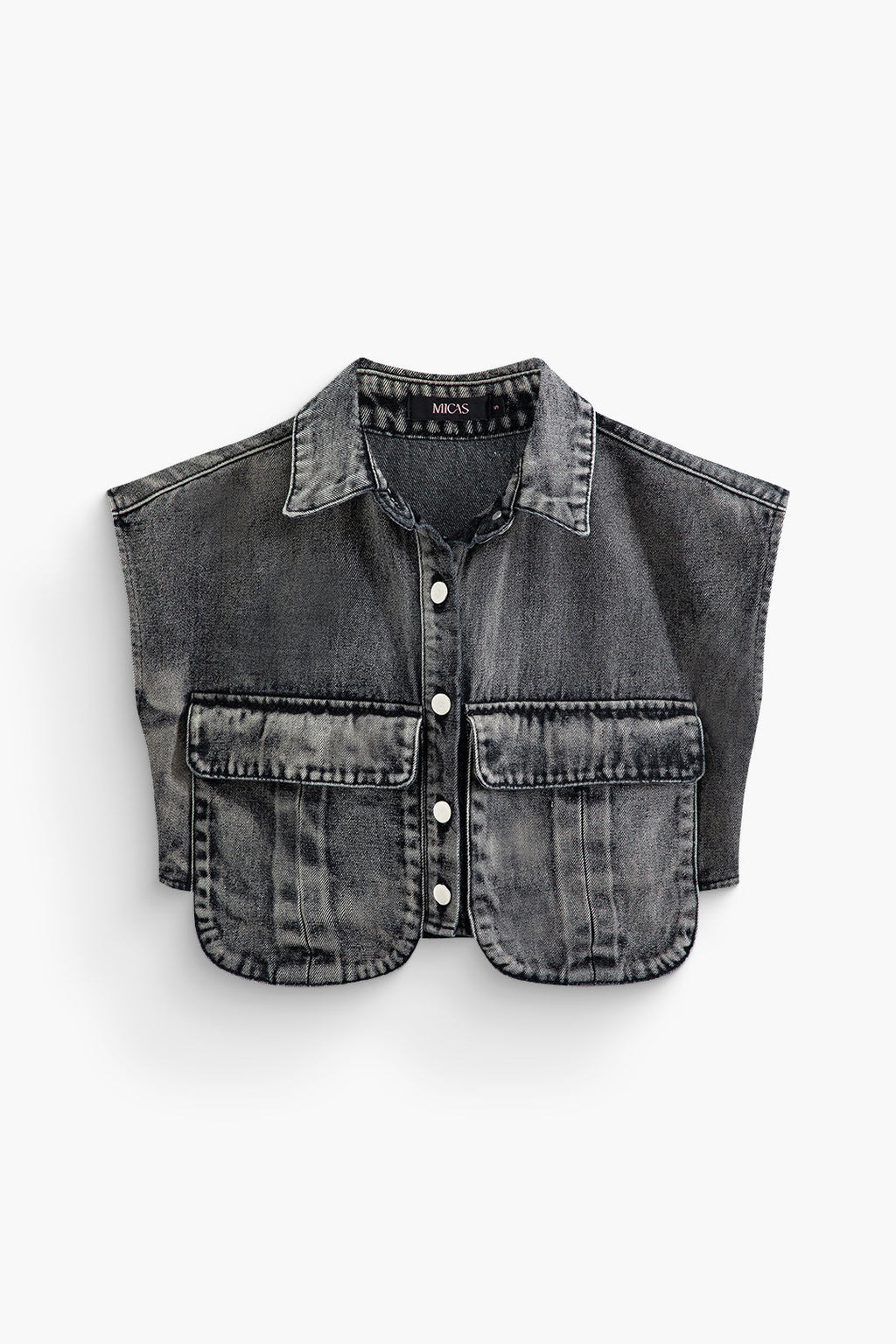 Asimetrik Düğmeli Kapaklı Cep Crop Denim Yelek