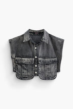 Asimetrik Düğmeli Kapaklı Cep Crop Denim Yelek