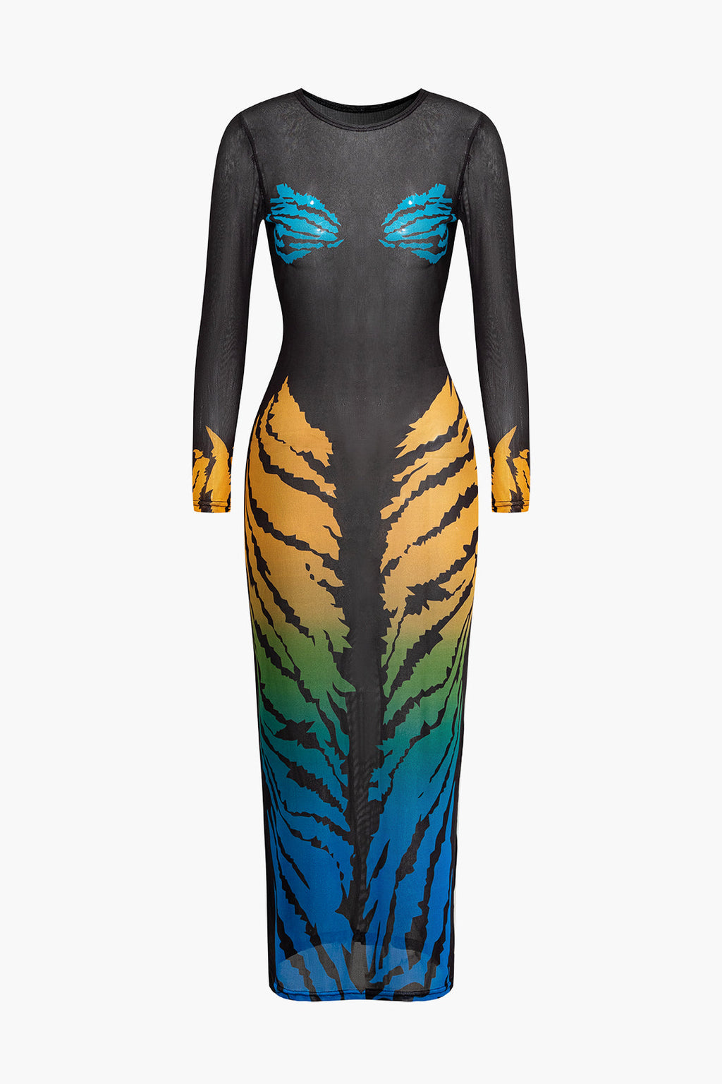 Kaplan Desenli Transparan Yuvarlak Yaka Midi Elbise