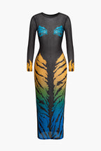 Kaplan Desenli Transparan Yuvarlak Yaka Midi Elbise