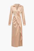 Katı Yırtmaçlı Asimetrik Uzun Kollu maksi Elbise