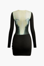 Vücut Desenli Yuvarlak Yaka Uzun Kollu Dantelli Mini Elbise