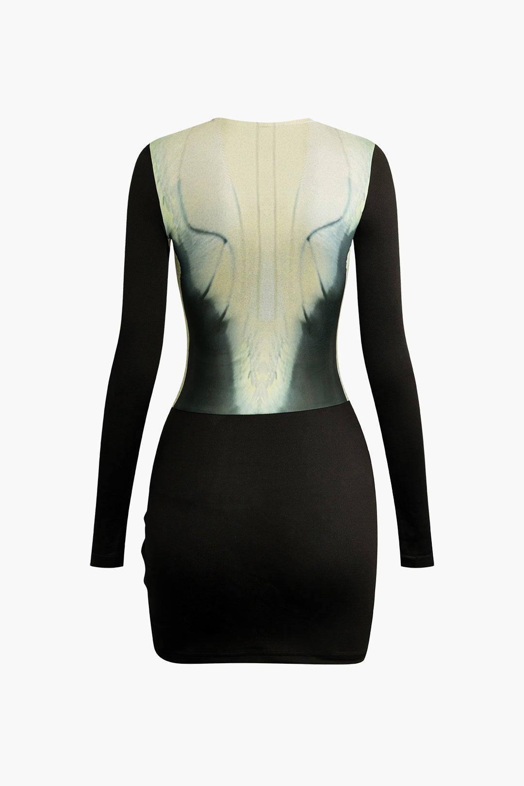 Vücut Desenli Yuvarlak Yaka Uzun Kollu Dantelli Mini Elbise