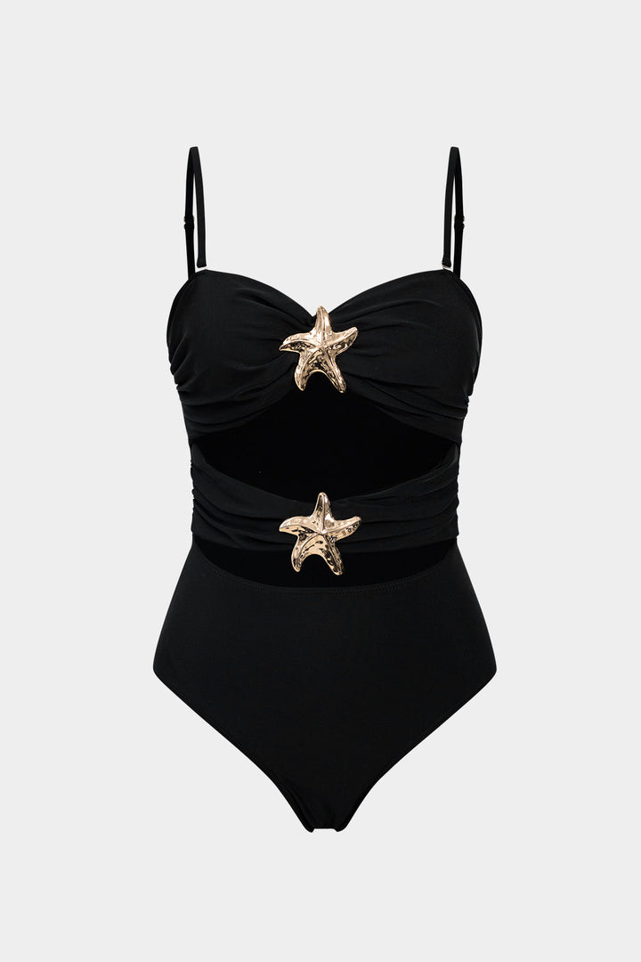 Metalik Yıldız Şekilli Dekorlu Büzgülü Kesik Detaylı Karın Toparlayıcı Tek Parça Mayo