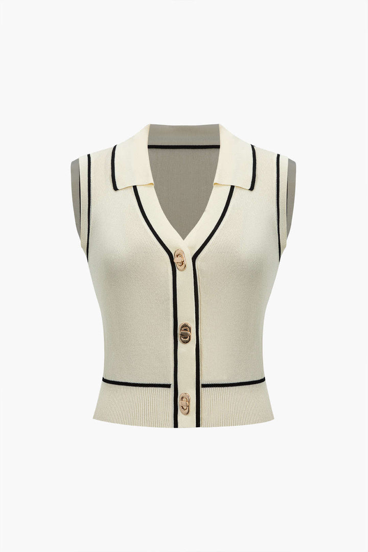 Örgü Renk Bloklu Düğmeli Yelek