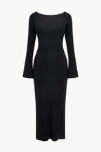 Katı Örgü Çan Kollu Bağcıklı Sırtı Açık maksi Elbise