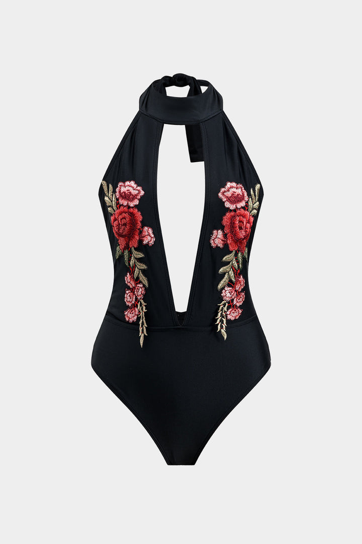 Nakış Detaylı Büzgülü Bağlamalı Sırt Dekolteli Bodysuit