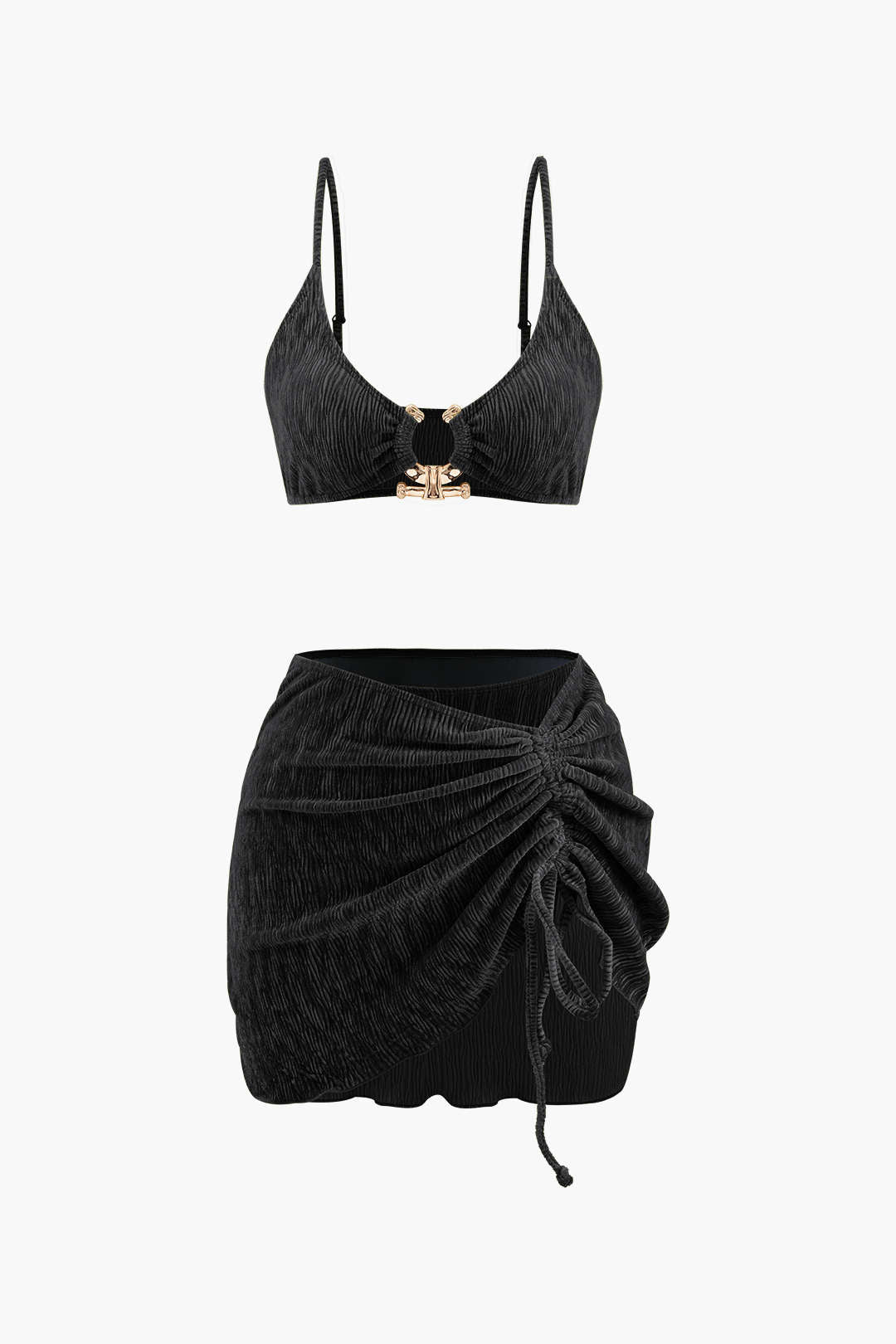 Kadife Dokulu U Yüzük Bikini ve Mayo Eteği Pareo 3 Parça Takım