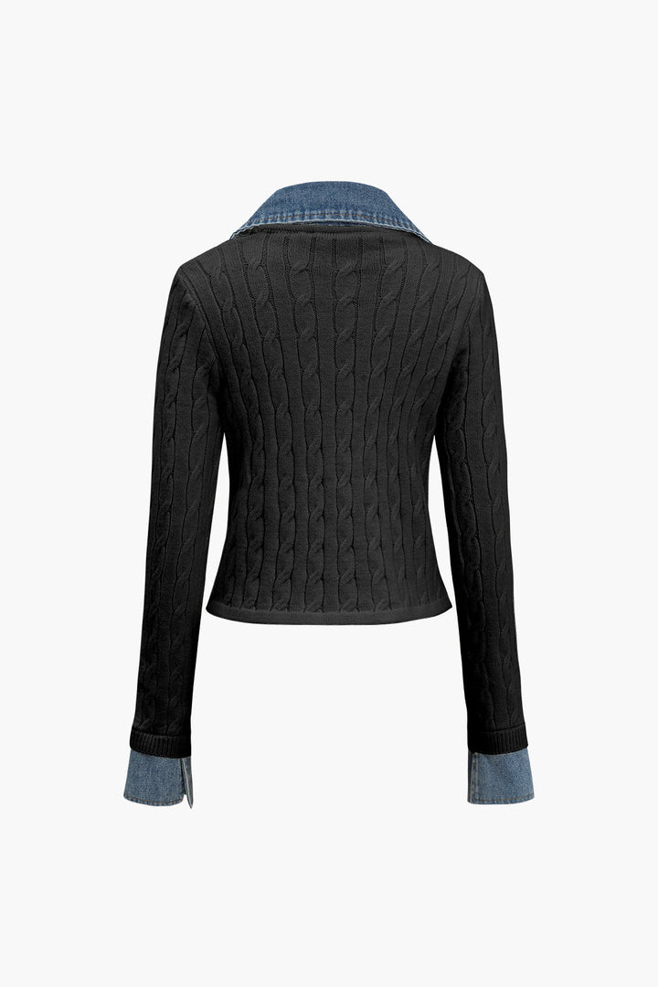 Örgü Patchwork Denim Uzun Kollu Üst