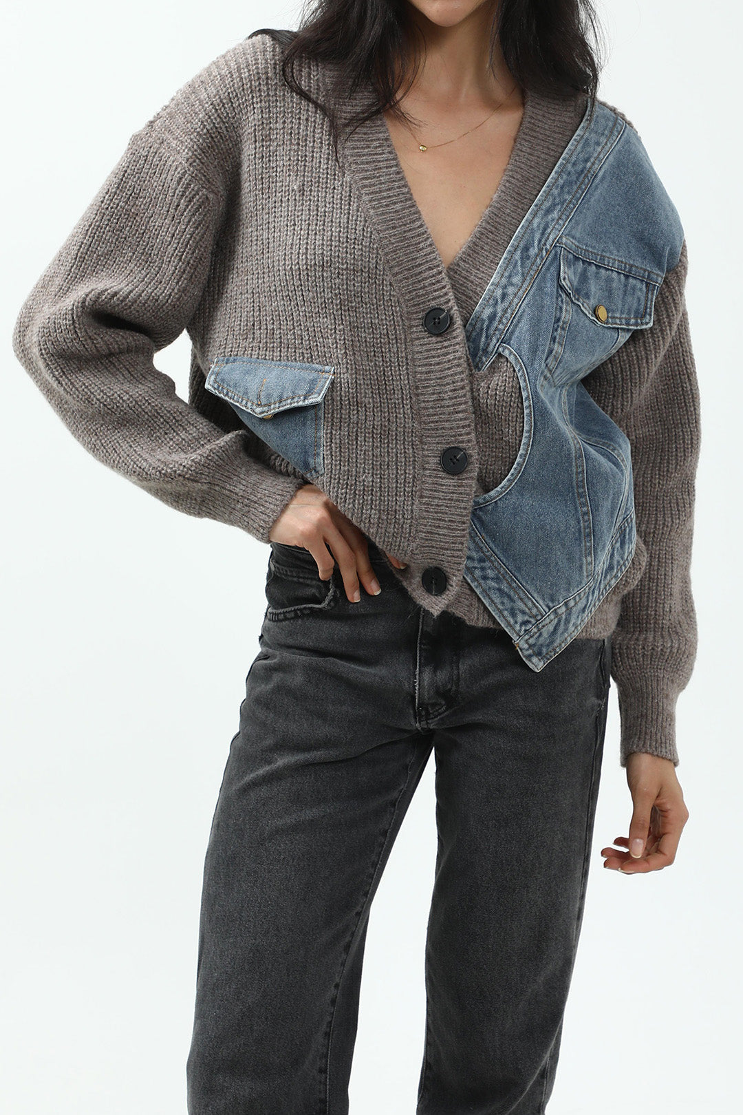 Patchwork Denim Örgü Renkli Blok Düğmeli Asimetrik Cepli Hırka