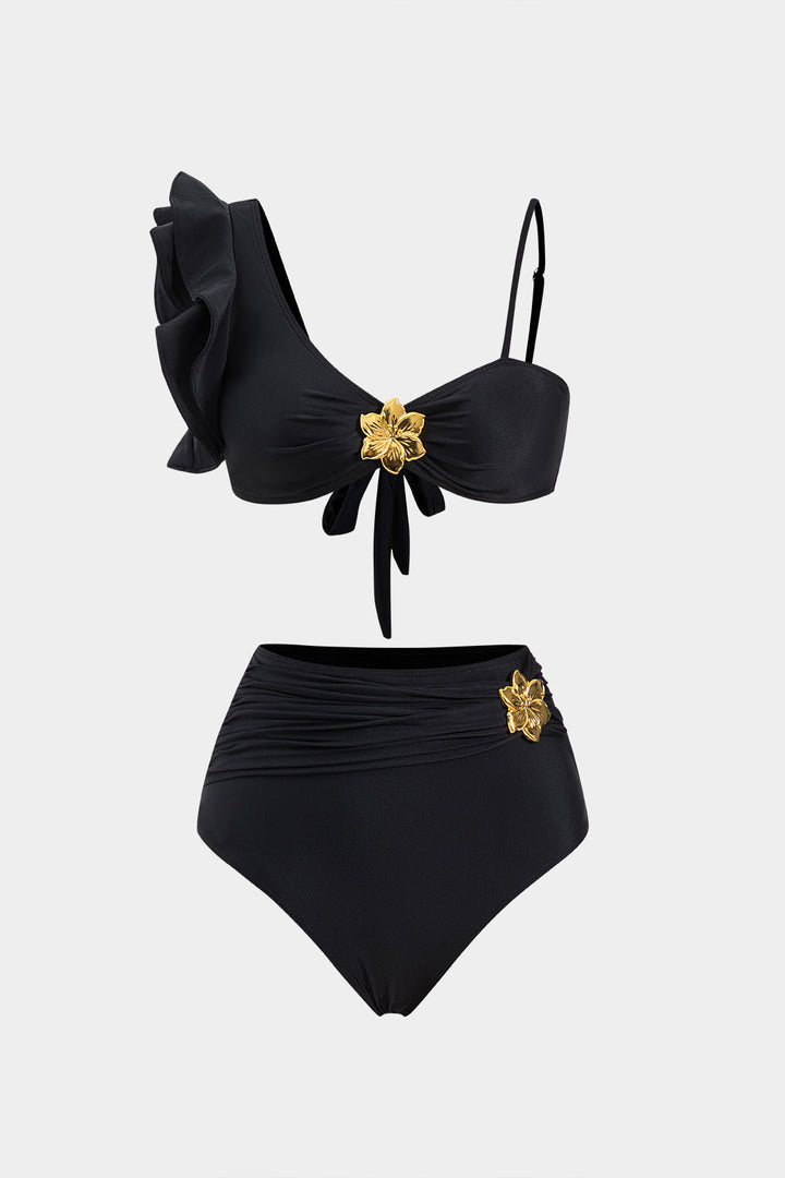 Metalik Dekorlu Volanlı Büzgülü Bağlamalı Şifon Bikini Takımı