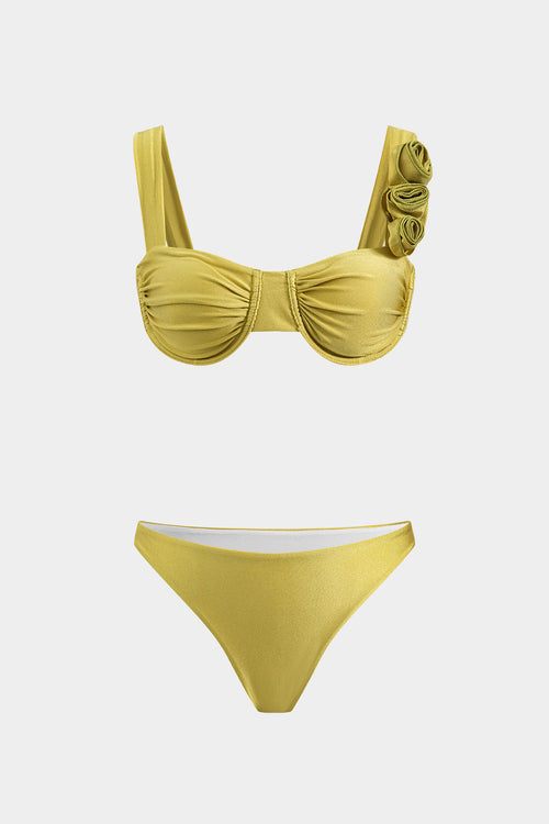 3D Çiçek Büzgülü Bikini ve Mayo Eteği Pareo 3 Parça Takım