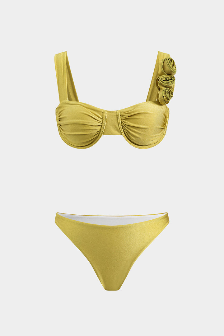 3D Çiçek Büzgülü Bikini ve Mayo Eteği Pareo 3 Parça Takım