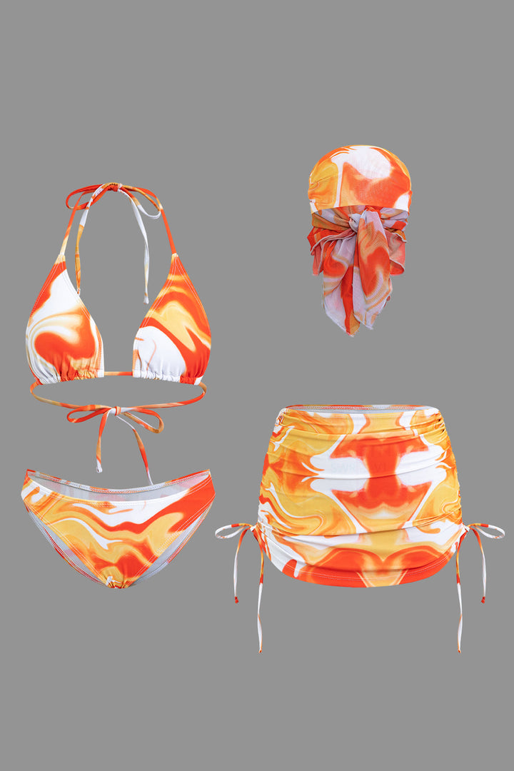 Desenli Sırt Dekolteli Bikini ve Mayo Eteği Pareo Takımı