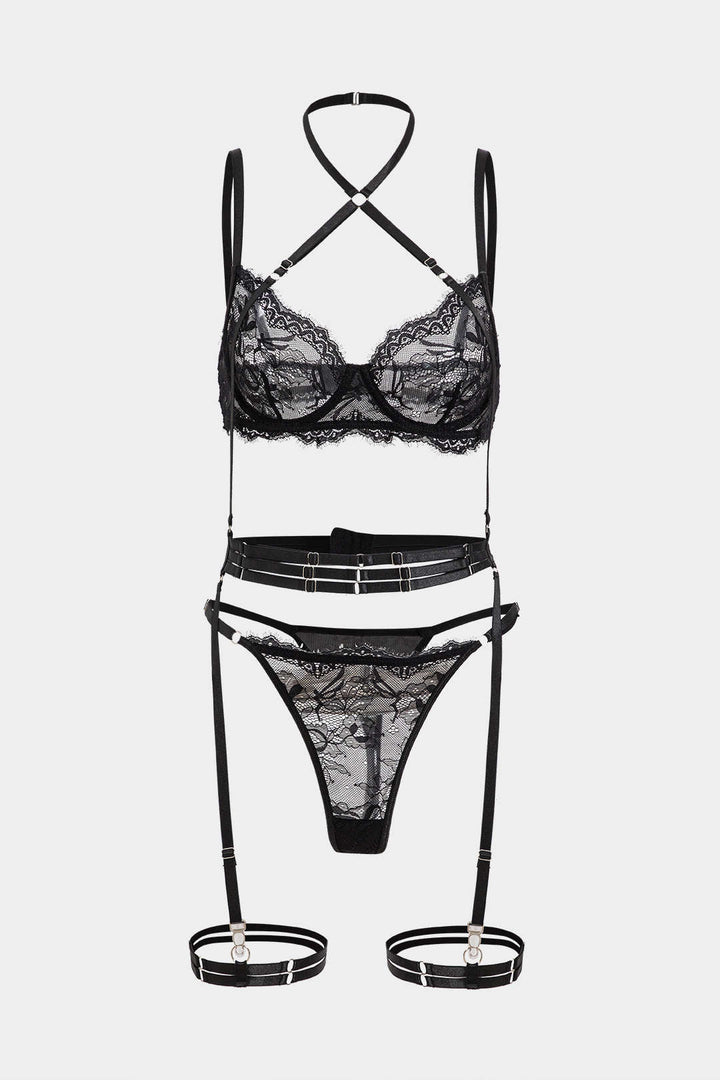 Dantel Nakışlı Çapraz Detaylı Bustiyer Jartiyer Takımı