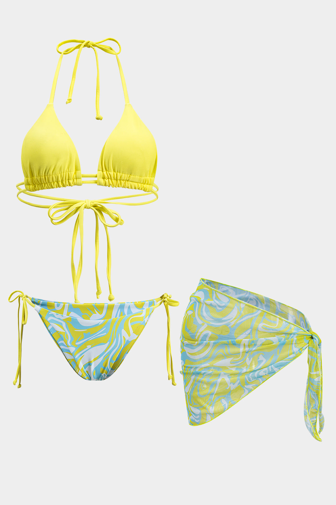 Kontrast Sırtı Açık Bikini ve Mayo Eteği Pareo Takım