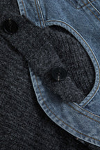 Patchwork Denim Örgü Renkli Blok Düğmeli Asimetrik Cepli Hırka