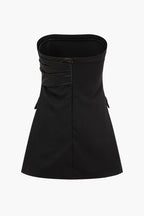 Saten Düğmeli Cep Detaylı Straplez Mini Elbise