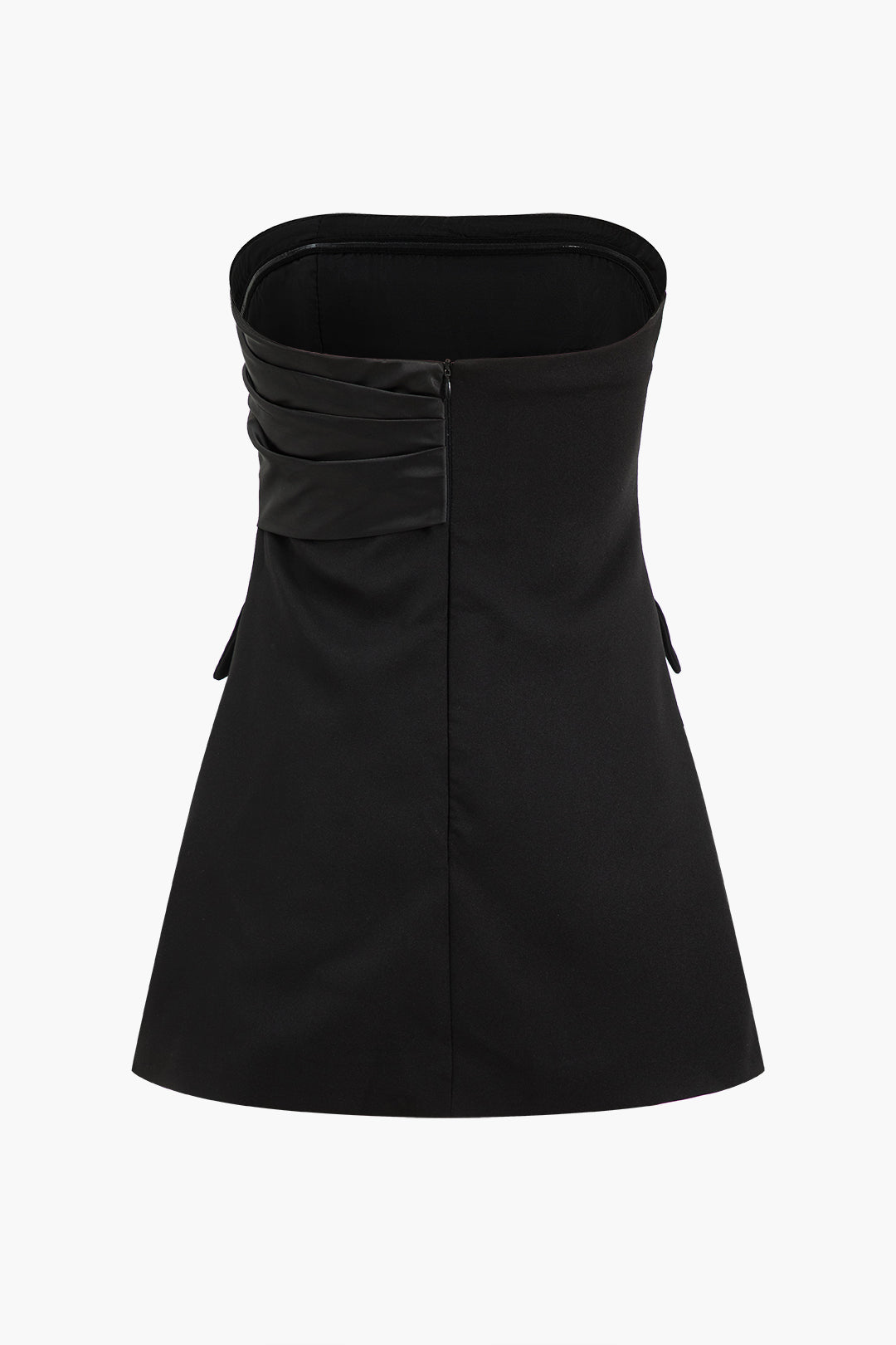 Saten Düğmeli Cep Detaylı Straplez Mini Elbise