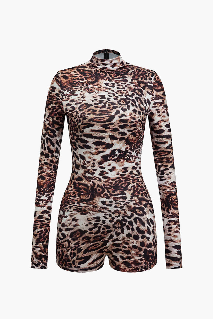 Leopar Desenli Uzun Kollu Bodycon Tulum