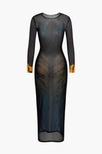 Kaplan Desenli Transparan Yuvarlak Yaka Midi Elbise