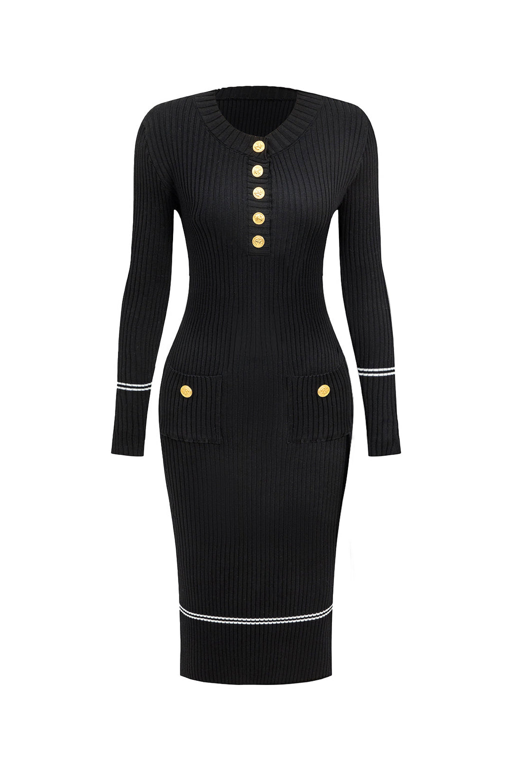 Düğmeli Örgü Bağlamalı Cep Kazak midi Elbise