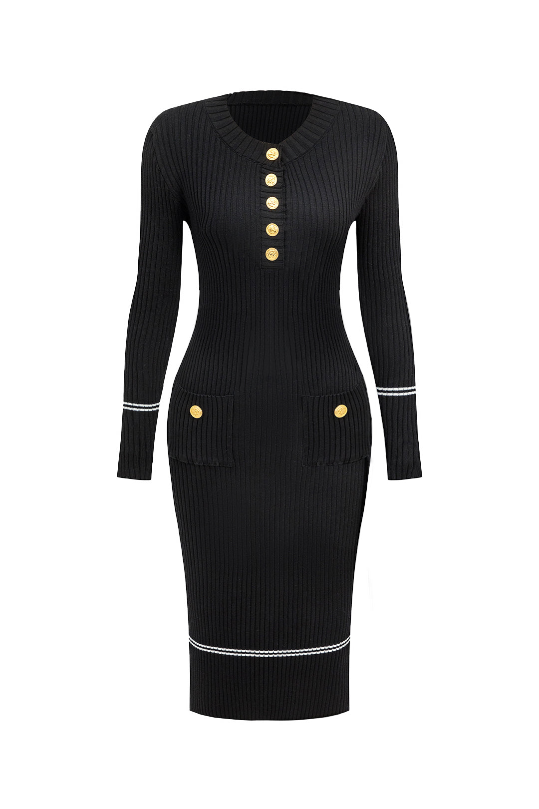 Düğmeli Örgü Bağlamalı Cep Kazak midi Elbise