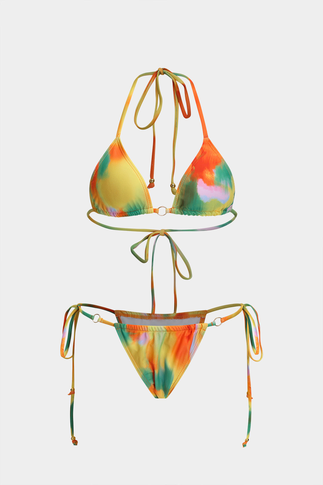 Kontrast Metal Büzgülü Boncuk Detaylı Bağlamalı Bikini Takımı