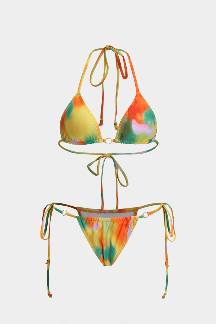 Kontrast Metal Büzgülü Boncuk Detaylı Bağlamalı Bikini Takımı