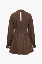 Kesilip Çıkarılmış Bağcıklı Uzun Kollu Mini Elbise