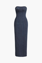 Dikiş Detaylı Fermuar Yırtmaçlı Denim Straplez maksi Elbise