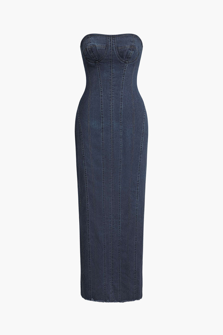 Dikiş Detaylı Fermuar Yırtmaçlı Denim Straplez maksi Elbise