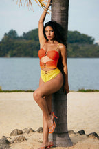 Kontrast Metalik Büzgülü Kesik Detaylı Karın Toparlayıcı Tek Parça Mayo