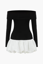 Düşük Omuz Patchwork Mini Elbise