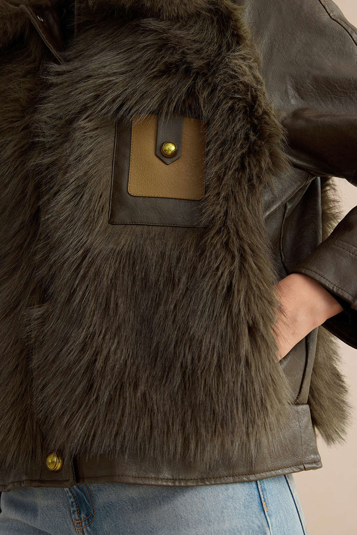 Deri Kürk Düğmeli Patchwork Mont